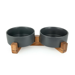 Happet keraminiai dubenėliai su mediniu stovu augintiniams, 0,81l