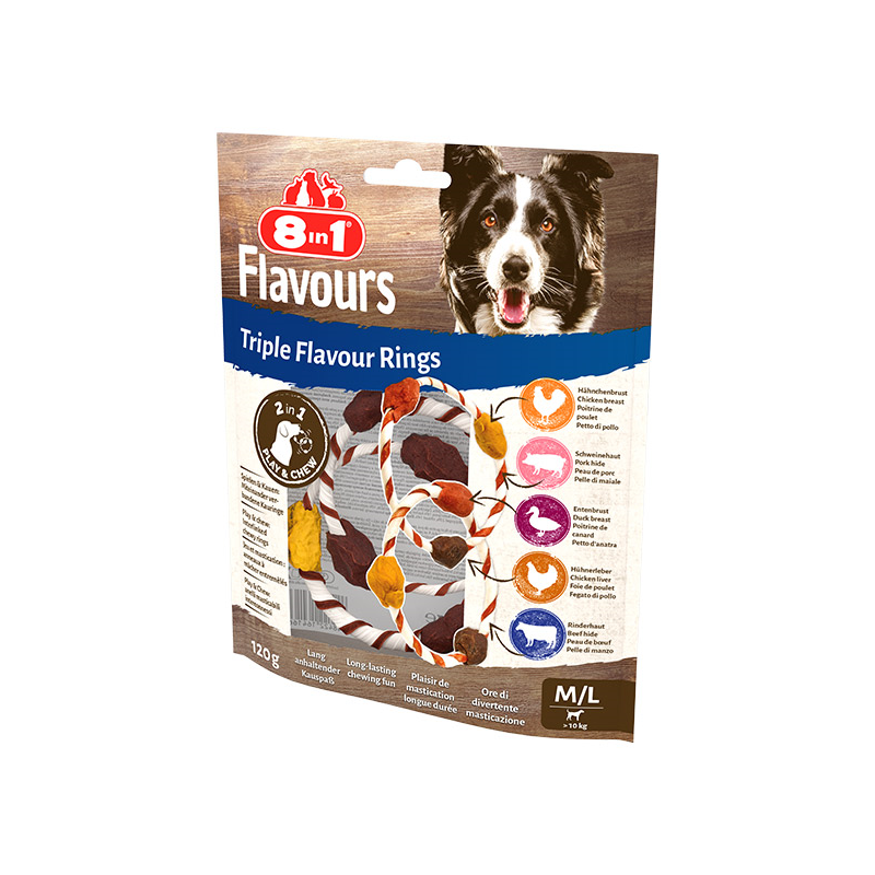 8in1 Flavours trigubo skonio žiedai skanėstai šunims, M/L, 120 g