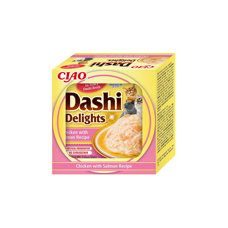 Ciao Dashi Delights plėšyta lašiša sultinyje katėms, 70 g
