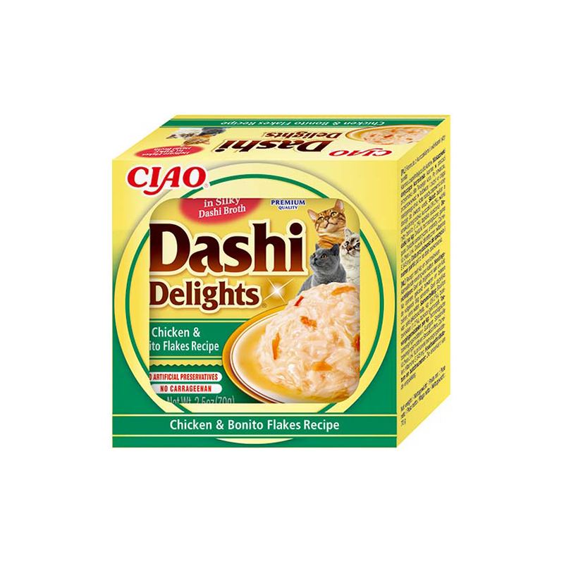 Ciao Dashi Delights plėšyta vištiena su bonito dribsniais sultinyje katėms, 70 g