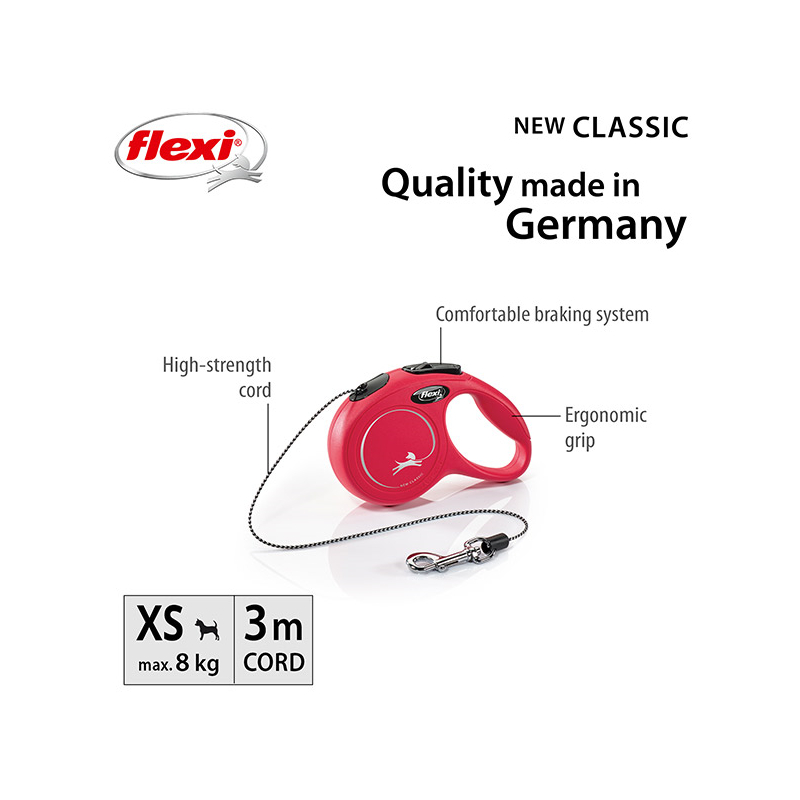 Flexi New Classic Cord virvinis, raudonas pavadėlis šunims, XS, 3 m