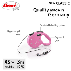 Flexi New Classic Cord virvinis, rožinis pavadėlis šunims, XS, 3 m