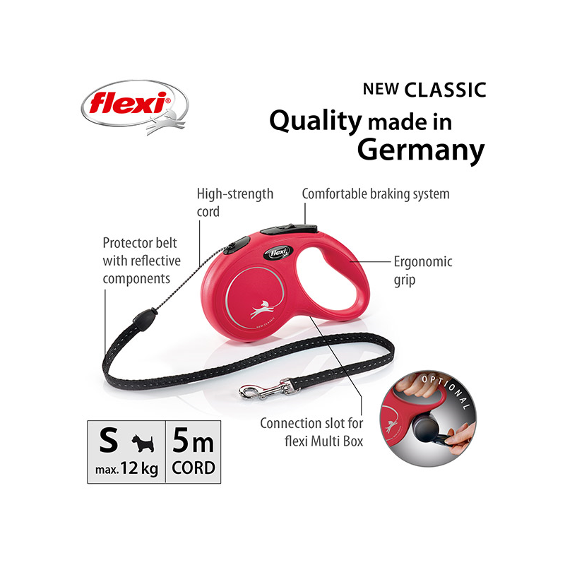 Flexi New Classic Cord virvinis, raudonas pavadėlis šunims, S, 5 m