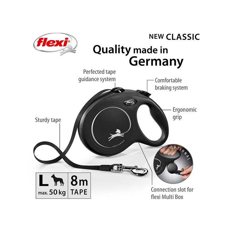 Flexi New Classic Tape juostinis, juodas pavadėlis šunims, L, 8 m