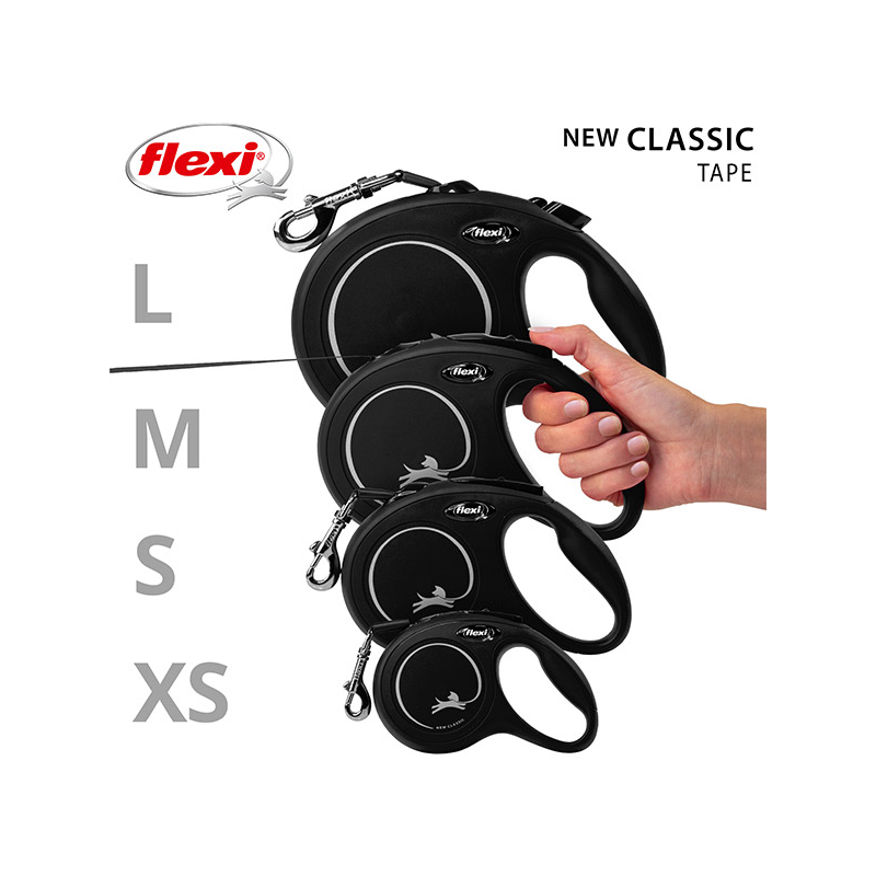 Flexi New Classic Tape juostinis, juodas pavadėlis šunims, L, 8 m