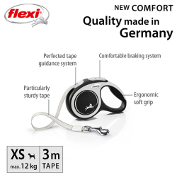Flexi New Comfort Tape juostinis, juodas pavadėlis šunims, XS, 3 m