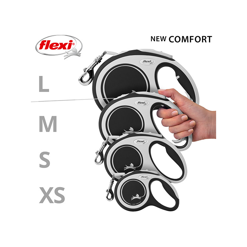 Flexi New Comfort Tape juostinis, juodas pavadėlis šunims, XS, 3 m