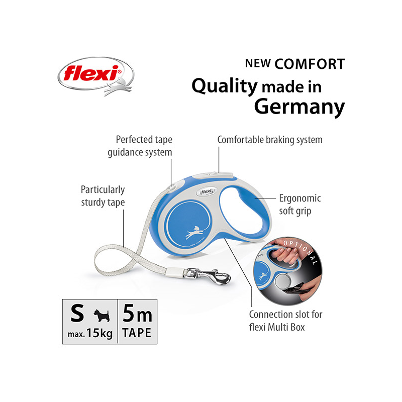 Flexi New Comfort Tape juostinis, žydras pavadėlis šunims, S, 5 m