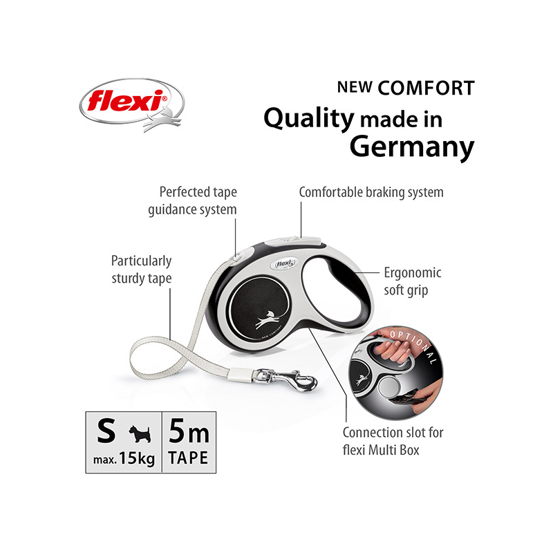 Flexi New Comfort Tape juostinis, juodas pavadėlis šunims, S, 5 m