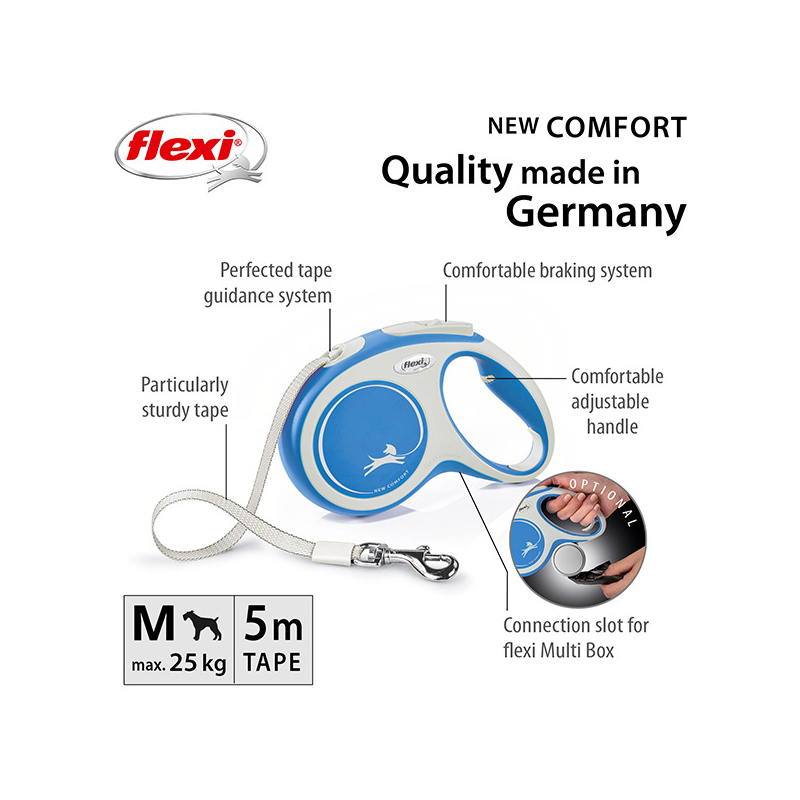 Flexi New Comfort Tape juostinis, žydras pavadėlis šunims, M, 5 m