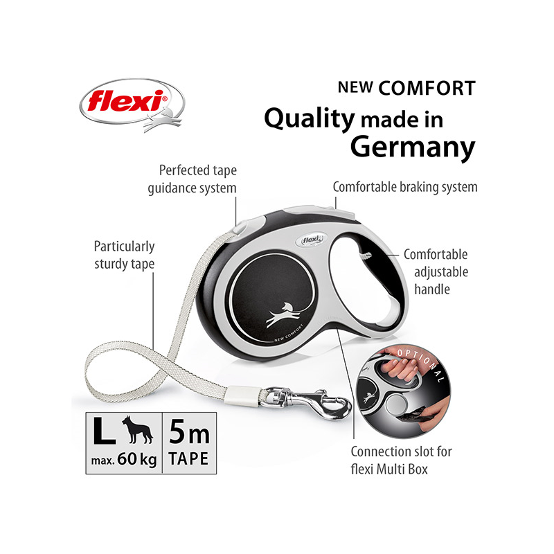 Flexi New Comfort Tape juostinis, juodas pavadėlis šunims, L, 5 m