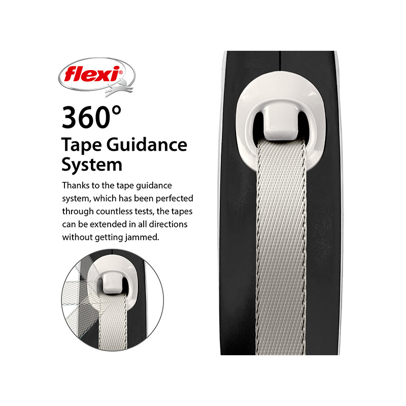 Flexi New Comfort Tape juostinis, juodas pavadėlis šunims, L, 5 m