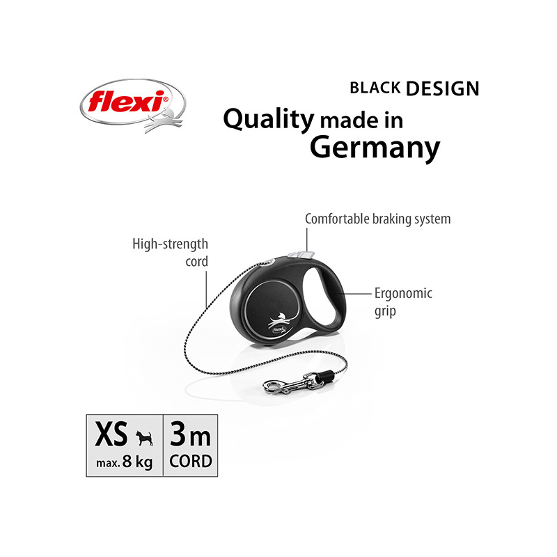 Flexi Black Design virvinis, juodas pavadėlis šunims, XS, 3 m
