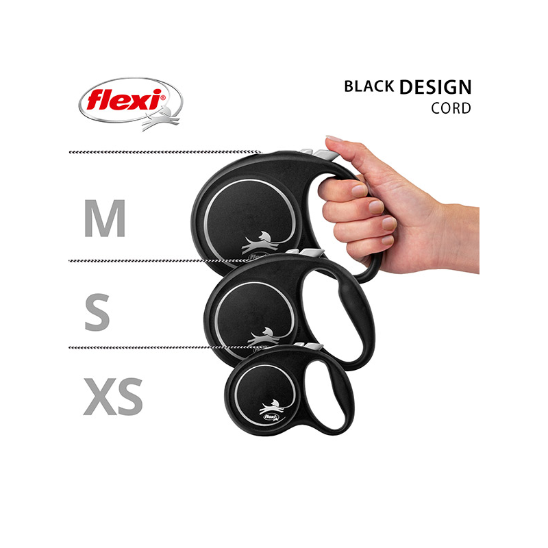 Flexi Black Design virvinis, juodas pavadėlis šunims, XS, 3 m