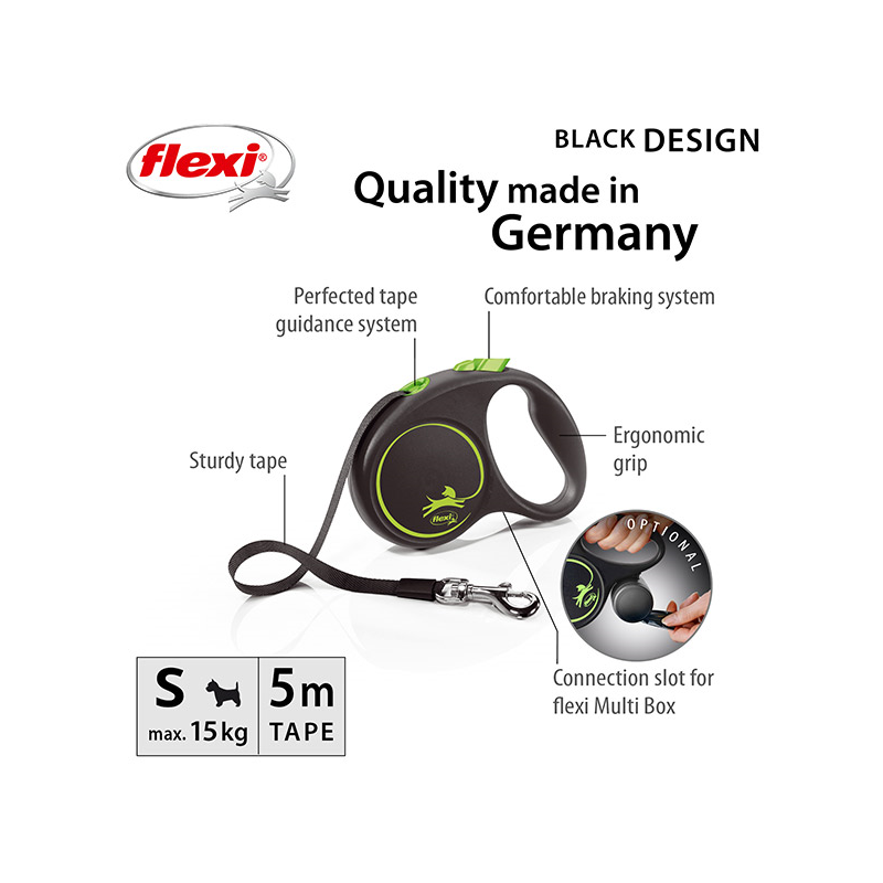 Flexi Black Design juostinis, žalias pavadėlis šunims, S, 5 m