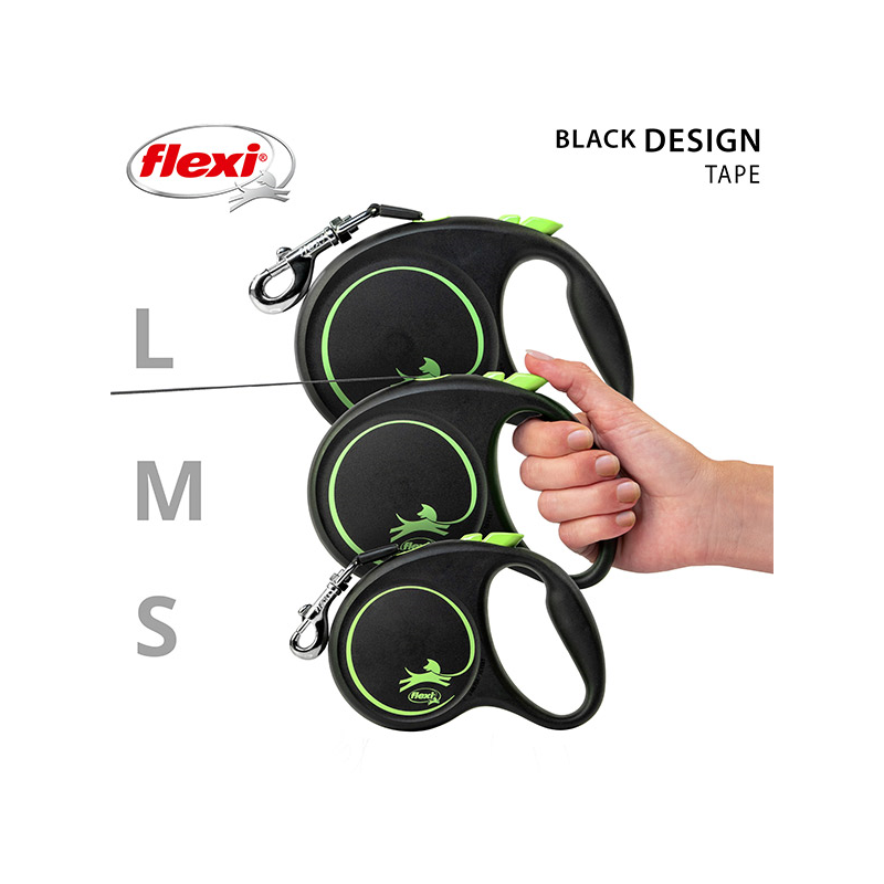 Flexi Black Design juostinis, žalias pavadėlis šunims, M, 5 m