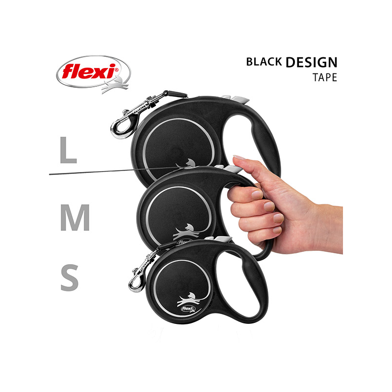 Flexi Black Design juostinis, juodas pavadėlis šunims, M, 5 m