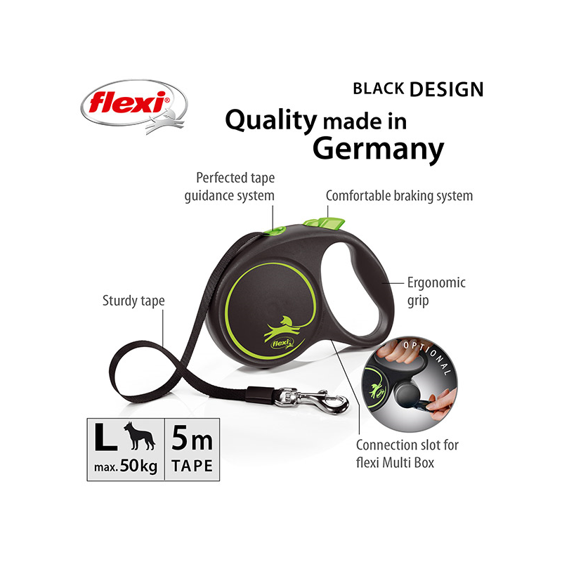 Flexi Black Design juostinis, žalias pavadėlis šunims, L, 5 m