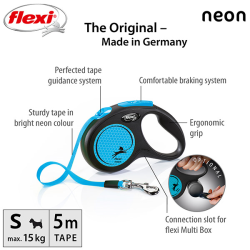 Flexi New Neon Tape juostinis, mėlynas pavadėlis šunims, S, 5 m
