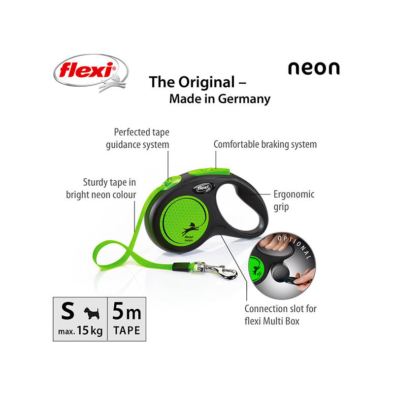 Flexi New Neon Tape juostinis, žalias pavadėlis šunims, S, 5 m