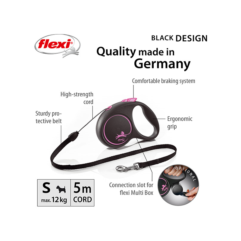 Flexi Black Design virvinis, rožinis pavadėlis šunims, S, 5 m