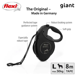 Flexi Black Design Giant juostinis, juodas pavadėlis šunims, L, 8 m