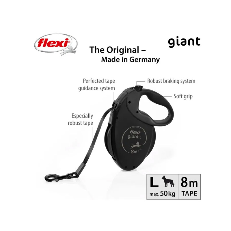 Flexi Black Design Giant juostinis, juodas pavadėlis šunims, L, 8 m