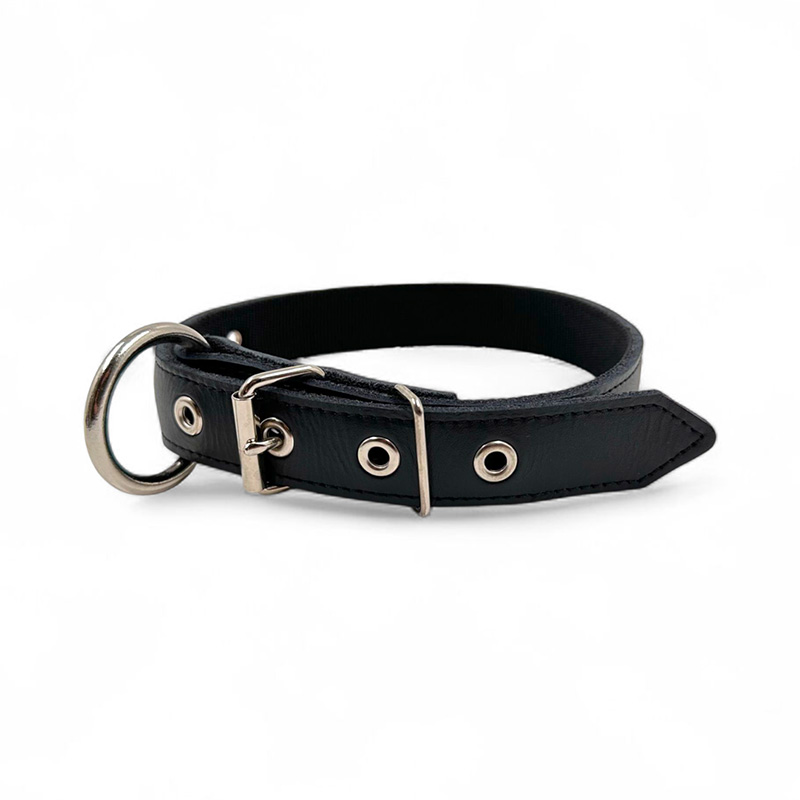 Fleksas juodas, odinis antkaklis su kaprono juosta šunims, 40 cm